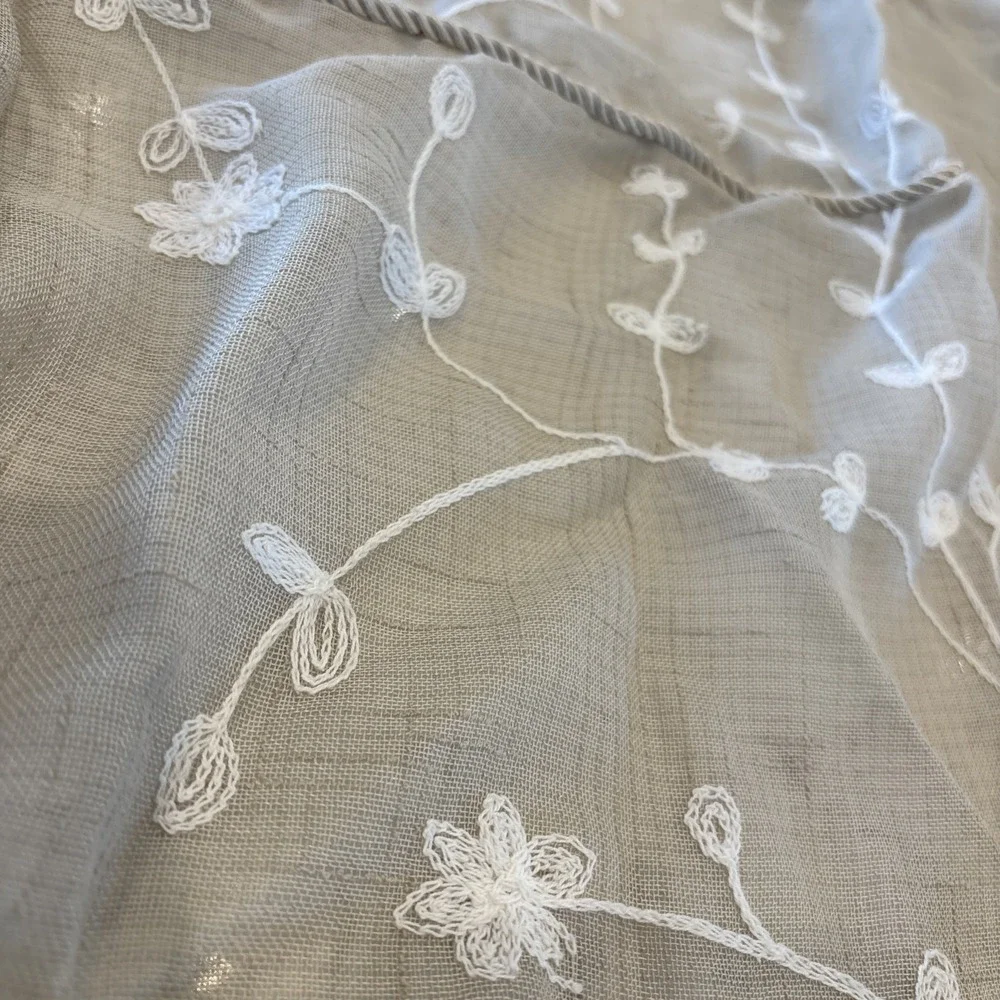 Curtain Panels (2) Sheer Beige White Embroidered Balloon Style‎ 39x63 Boho Girly